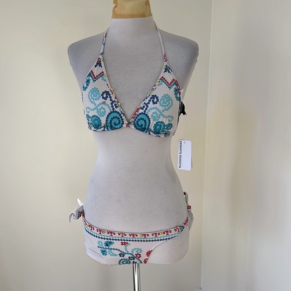 NWT! HEMANT & NANDITA printed size L off white Ananda two piece halter swim suit - Picture 1 of 9